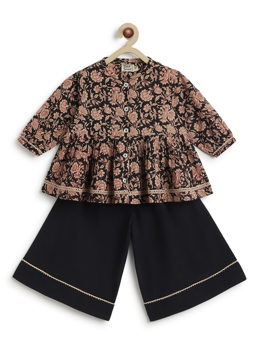 Tiber Taber Girls Floral Print Kurti and Solid Palazzo Set, Black and Brown