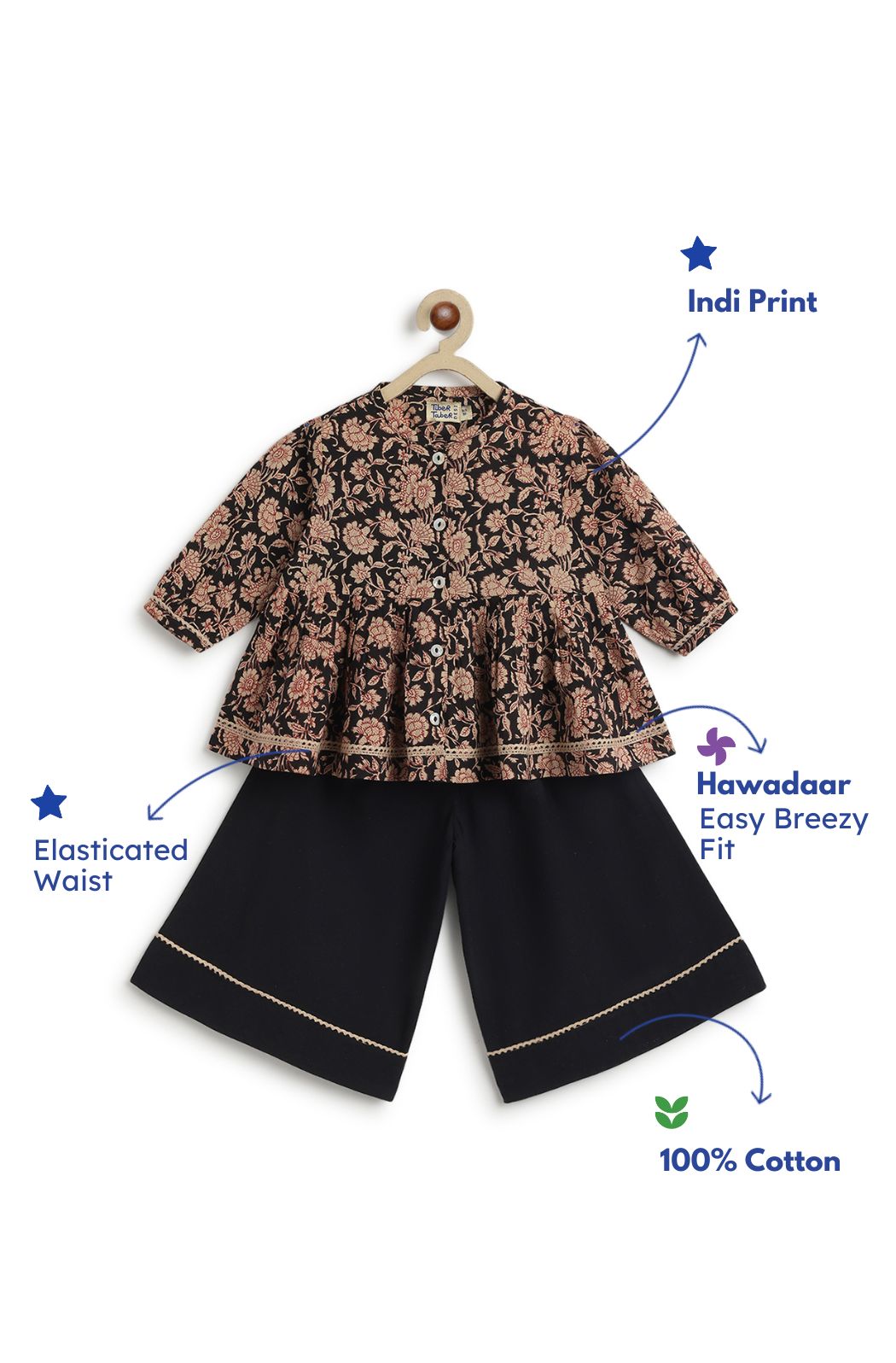 Tiber Taber Girls Floral Print Kurti and Solid Palazzo Set, Black and Brown