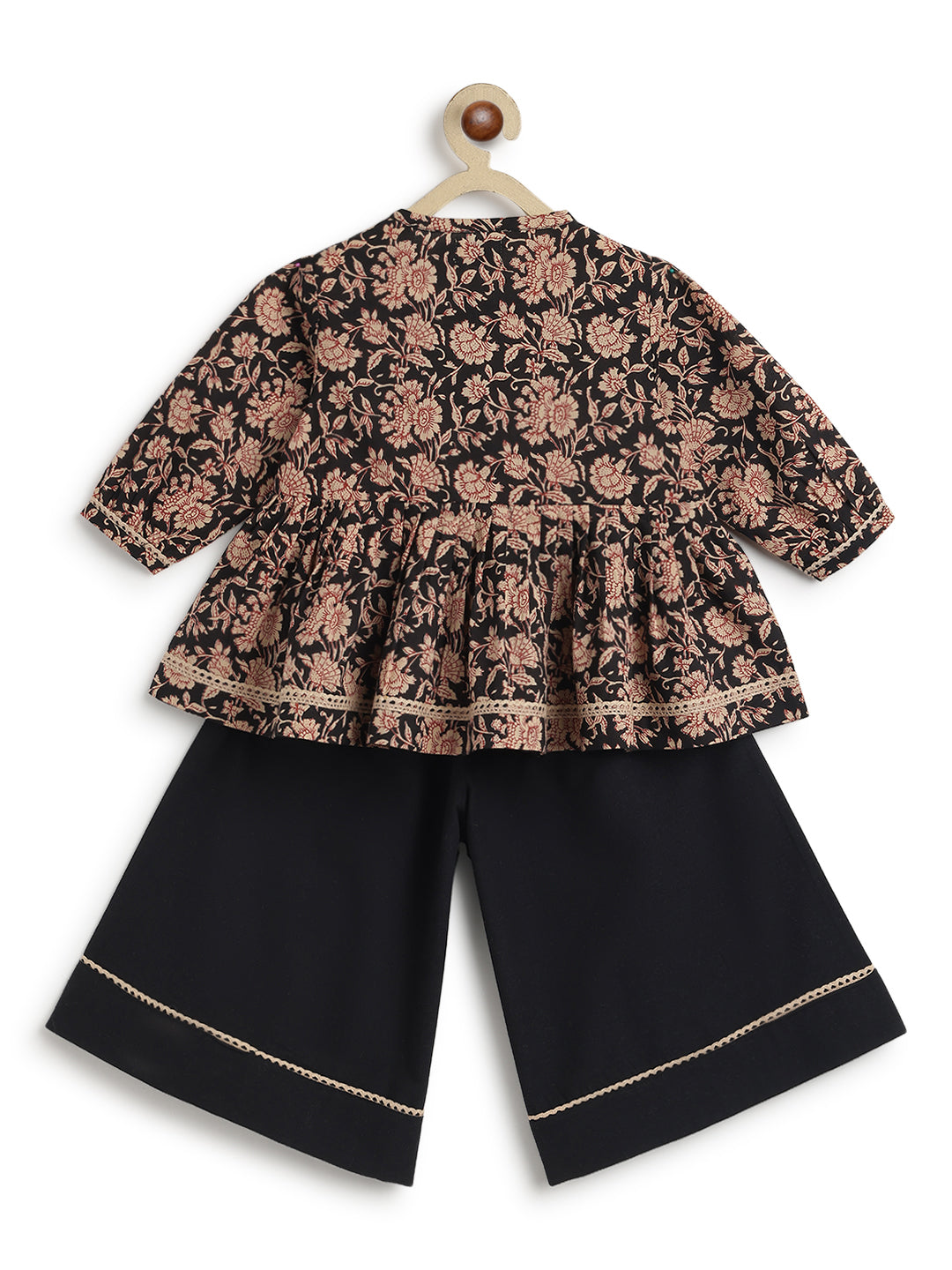 Tiber Taber Girls Floral Print Kurti and Solid Palazzo Set, Black and Brown