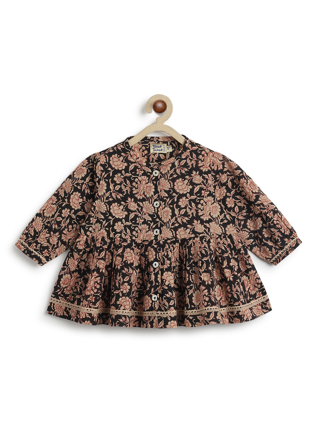 Tiber Taber Girls Floral Print Kurti and Solid Palazzo Set, Black and Brown