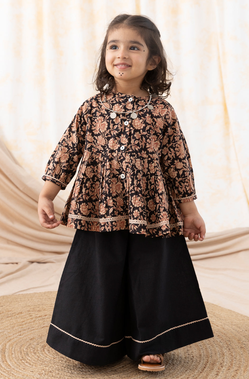 Tiber Taber Girls Floral Print Kurti and Solid Palazzo Set, Black and Brown
