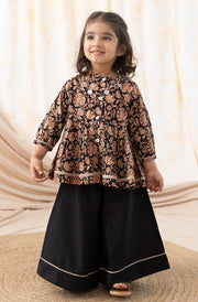 Tiber Taber Girls Floral Print Kurti and Solid Palazzo Set, Black and Brown