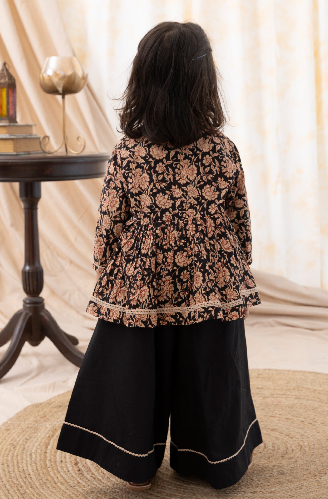 Tiber Taber Girls Floral Print Kurti and Solid Palazzo Set, Black and Brown