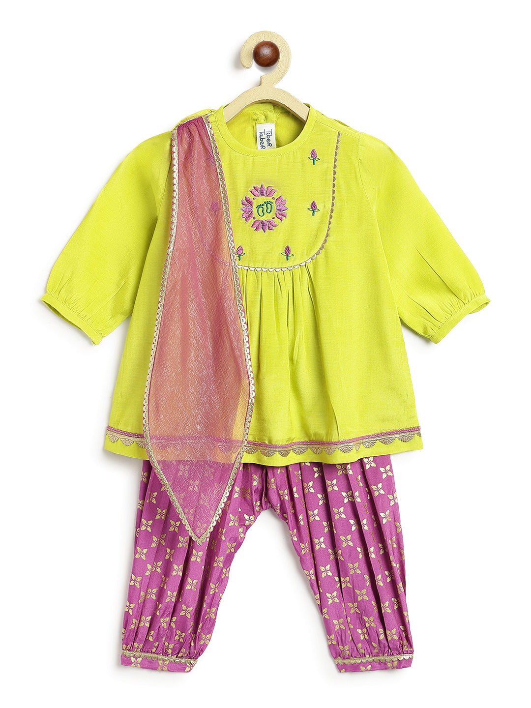 Tiber Taber Baby Girls Embroidered Kurta, Printed Salwar and Dupatta Set, Lime Green and Purple