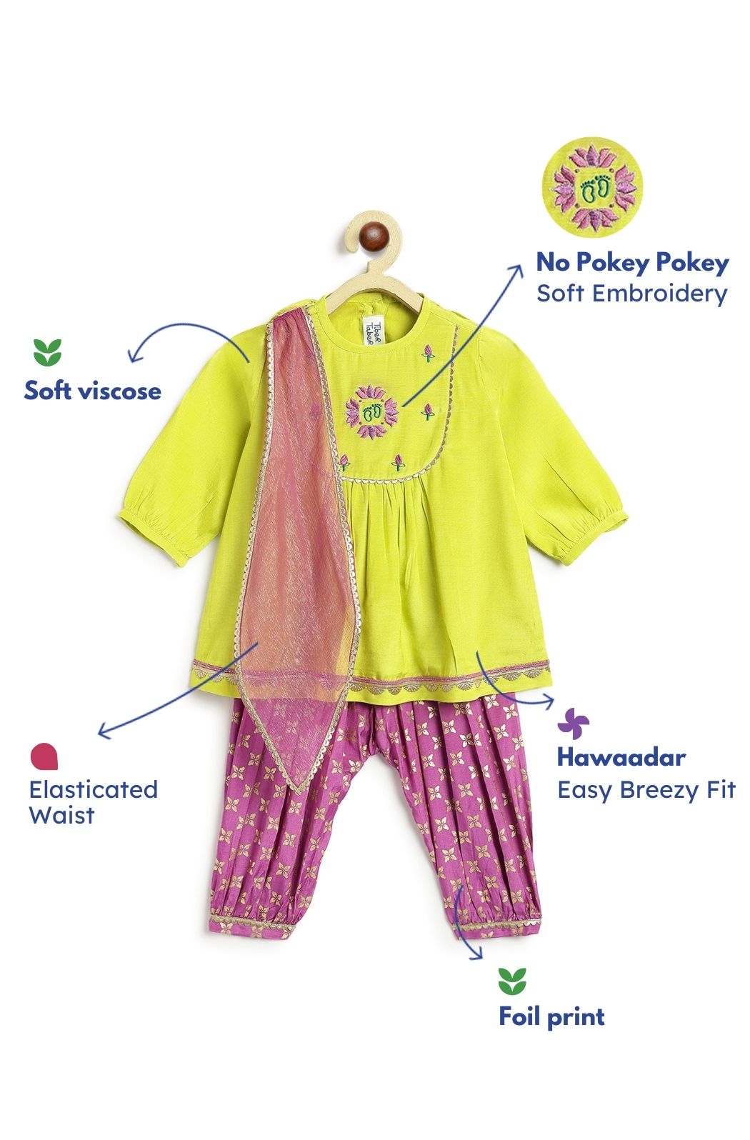 Tiber Taber Baby Girls Embroidered Kurta, Printed Salwar and Dupatta Set, Lime Green and Purple