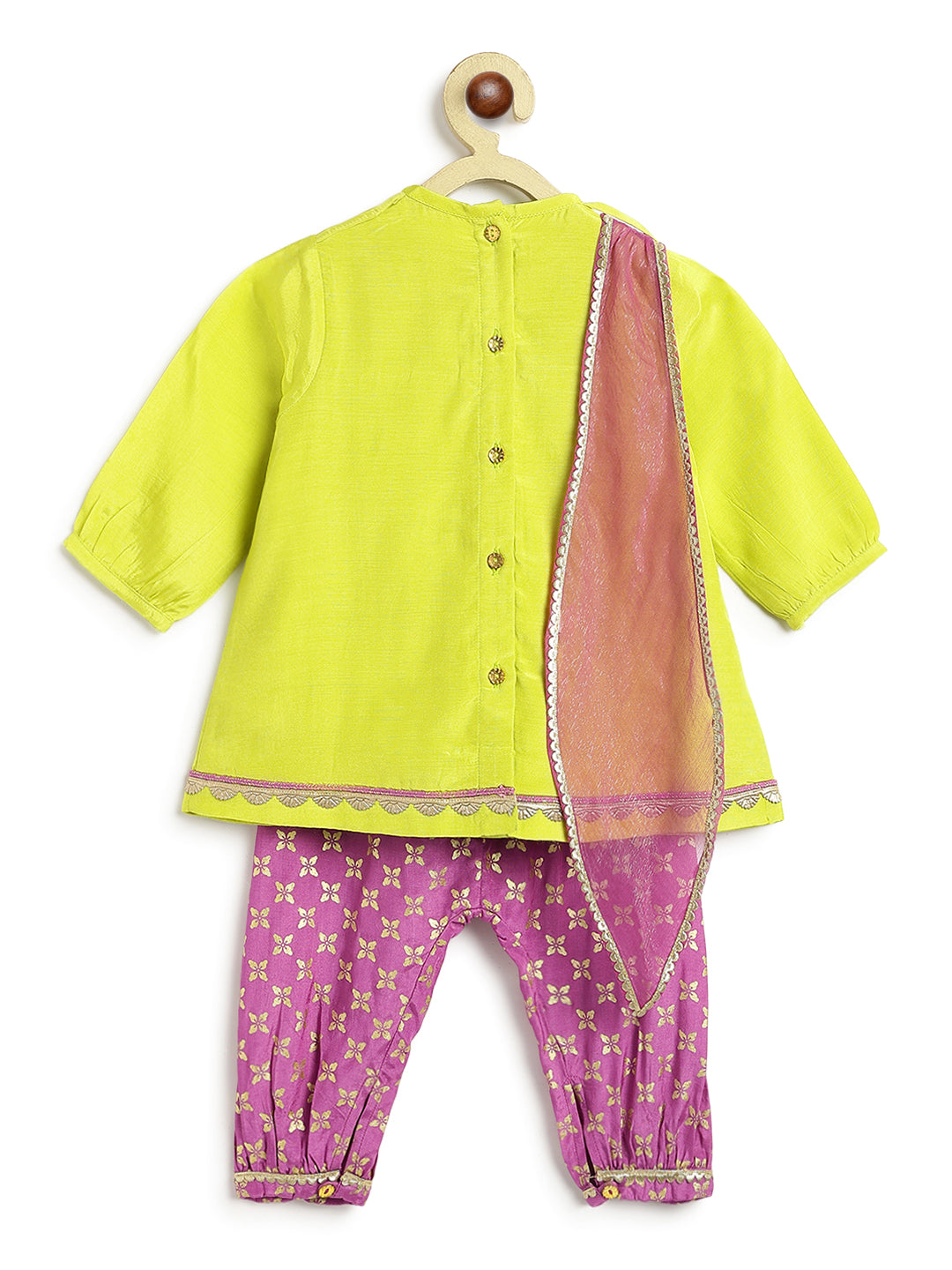 Tiber Taber Baby Girls Embroidered Kurta, Printed Salwar and Dupatta Set, Lime Green and Purple