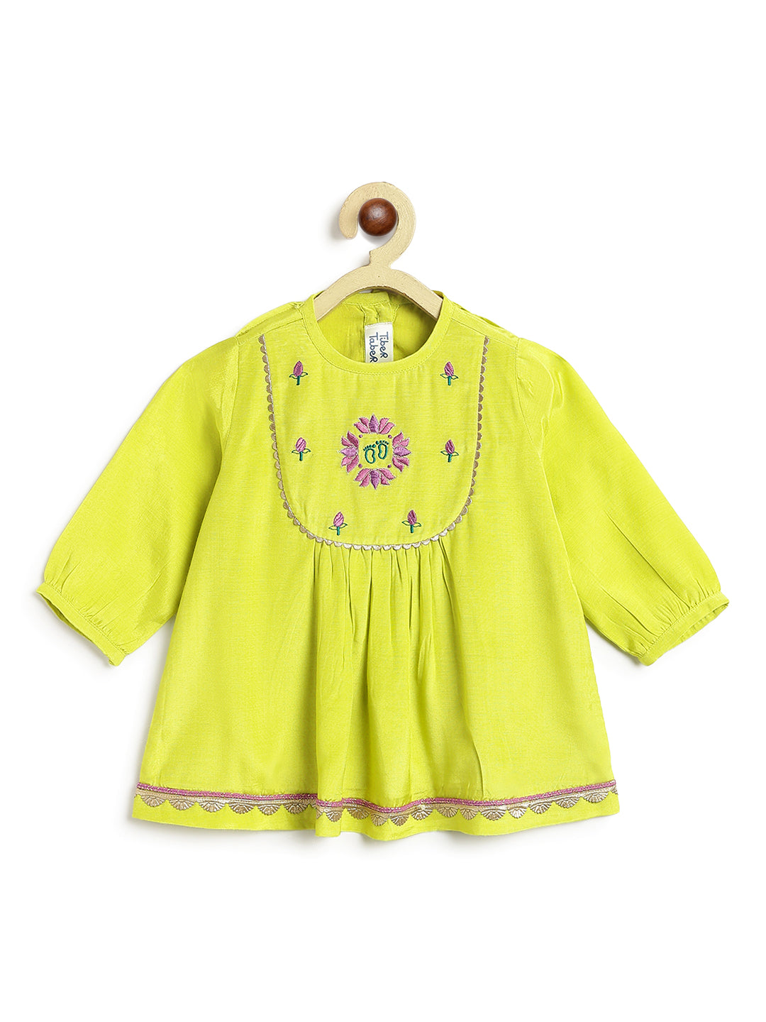 Tiber Taber Baby Girls Embroidered Kurta, Printed Salwar and Dupatta Set, Lime Green and Purple