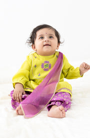 Tiber Taber Baby Girls Embroidered Kurta, Printed Salwar and Dupatta Set, Lime Green and Purple