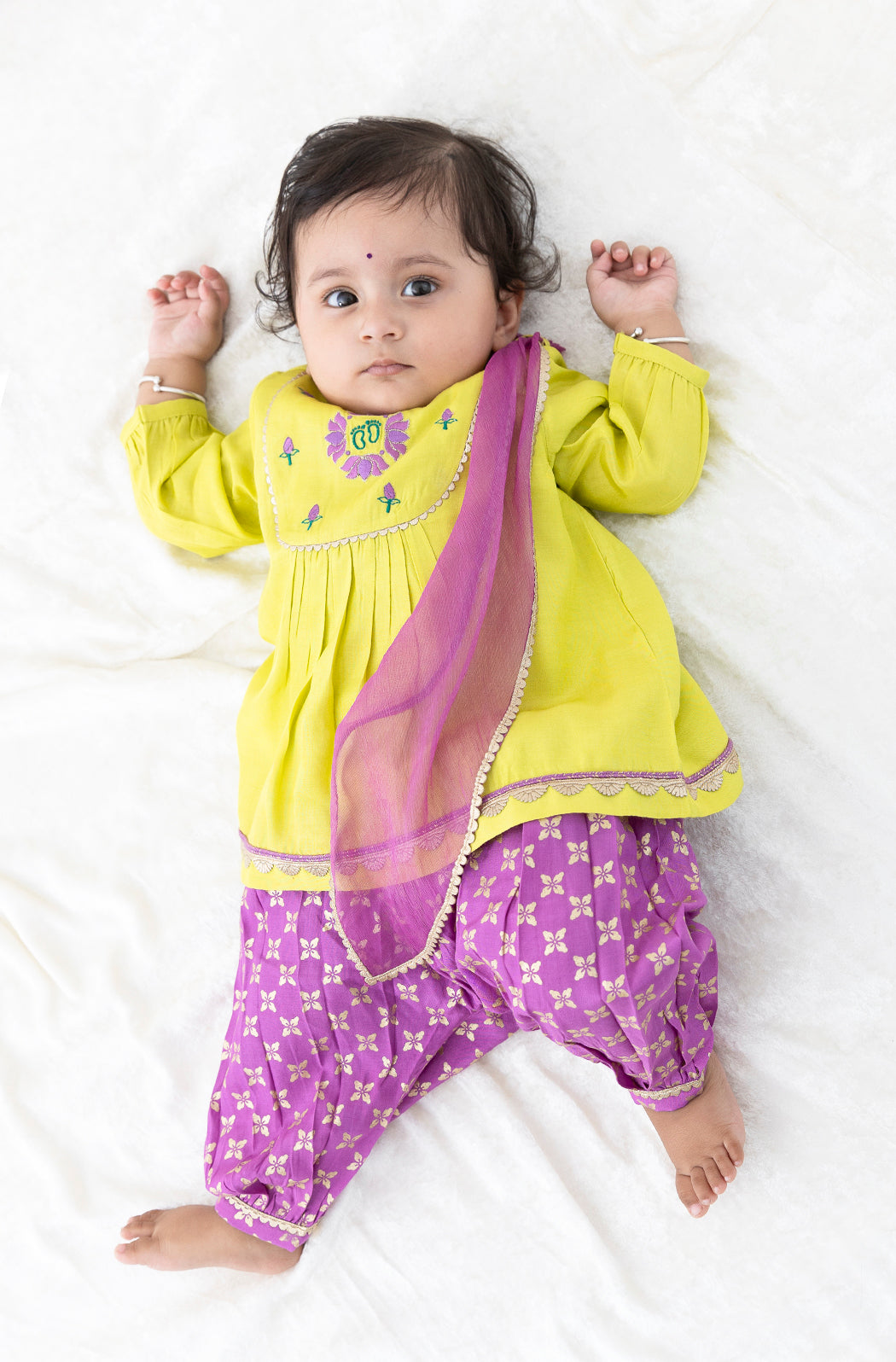 Tiber Taber Baby Girls Embroidered Kurta, Printed Salwar and Dupatta Set, Lime Green and Purple