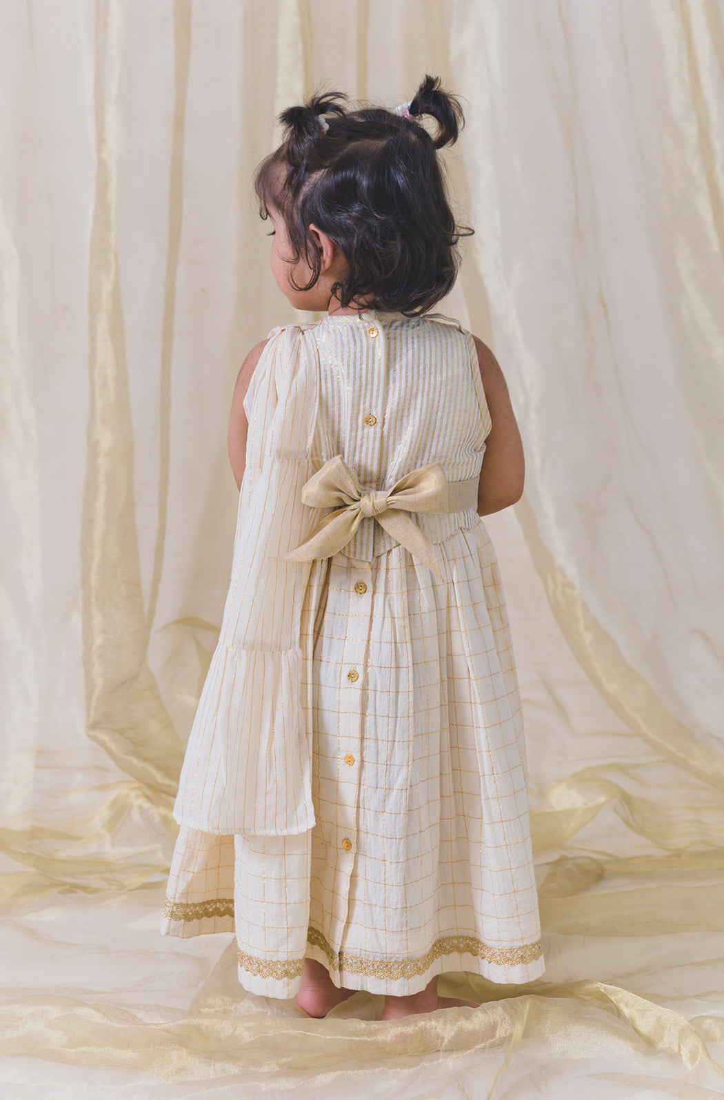 Tiber Taber Baby Girls Textured Choli, Checked Lehenga and Dupatta Set, Cream