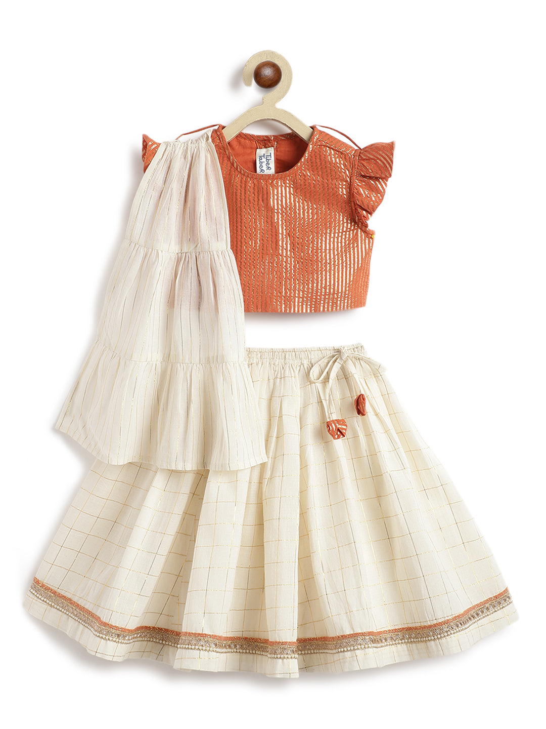 Tiber Taber Baby Girls Pleated Choli with Checked Lehenga and Dupatta Set, Orange and Cream