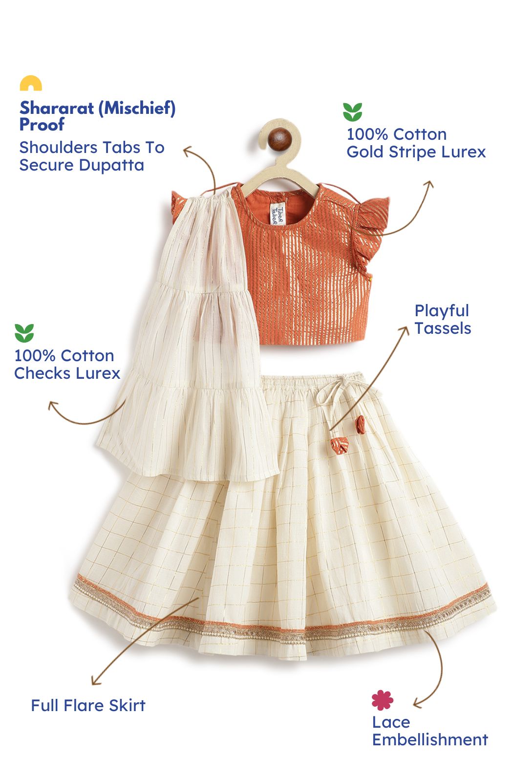 Tiber Taber Baby Girls Pleated Choli with Checked Lehenga and Dupatta Set, Orange and Cream