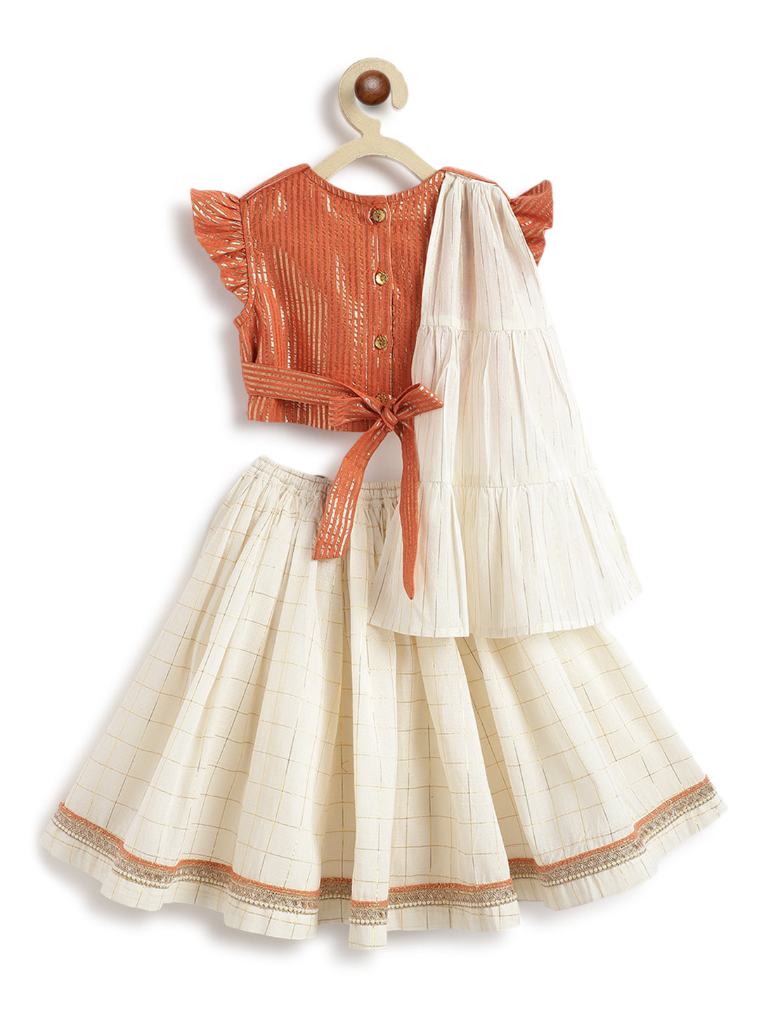 Tiber Taber Baby Girls Pleated Choli with Checked Lehenga and Dupatta Set, Orange and Cream