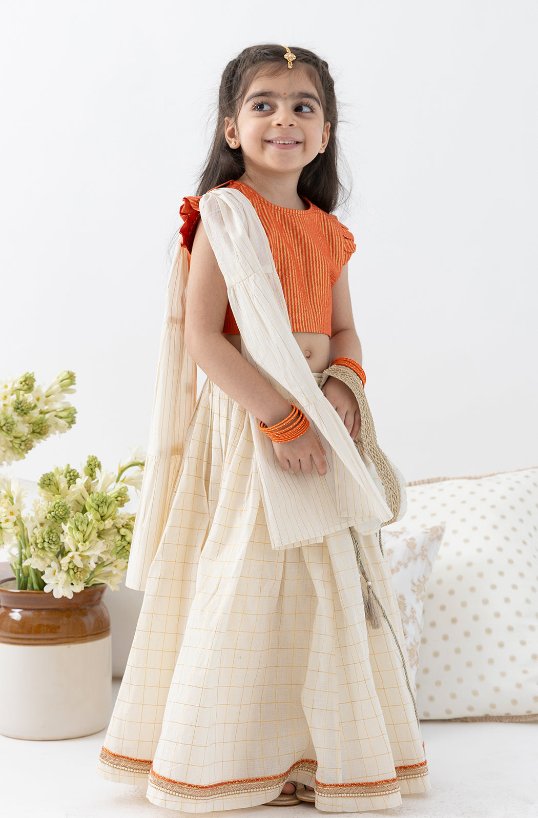 Tiber Taber Baby Girls Pleated Choli with Checked Lehenga and Dupatta Set, Orange and Cream