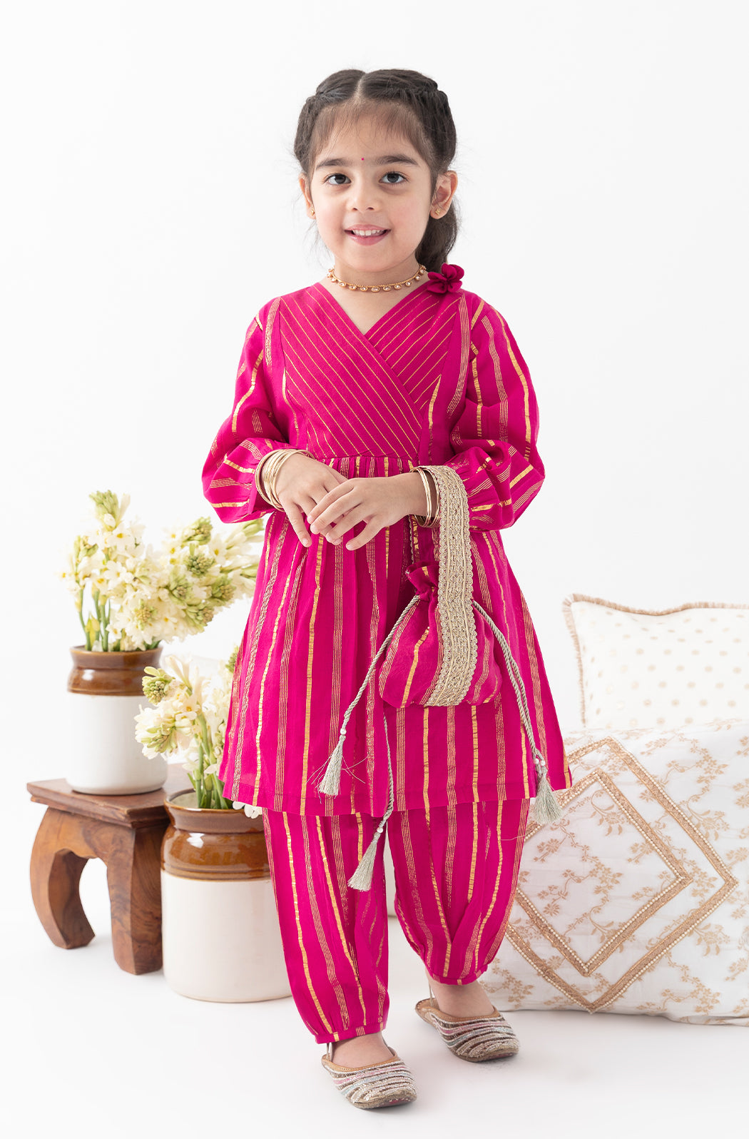 Tiber Taber Girls Printed Angrakha Kurta and Salwar Set, Red