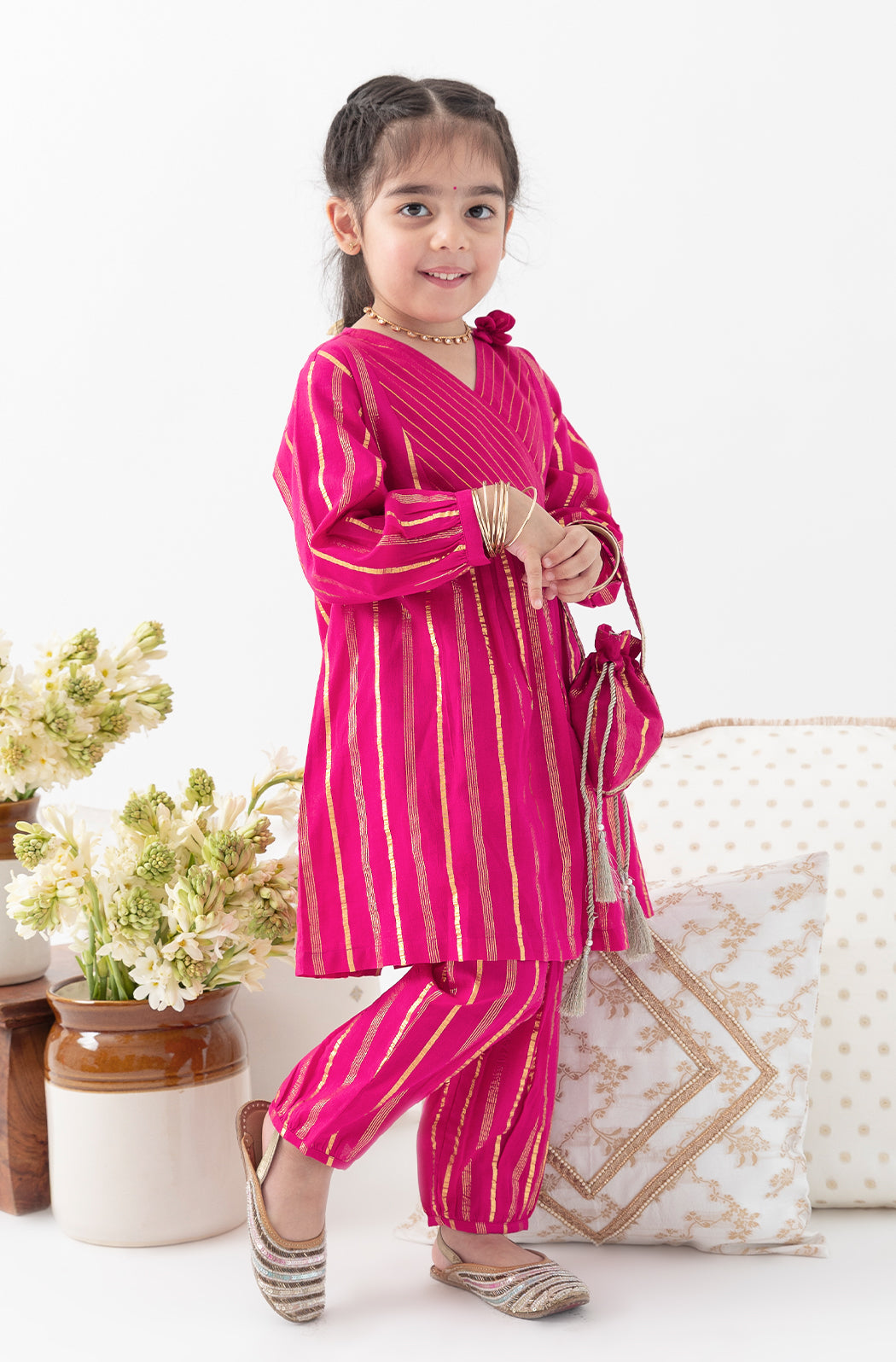 Tiber Taber Girls Printed Angrakha Kurta and Salwar Set, Red