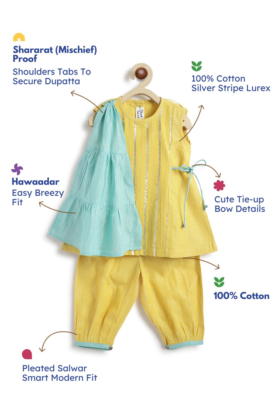 Tiber Taber Baby Girls Printed Angrakha Kurta and Salwar Set, Yellow
