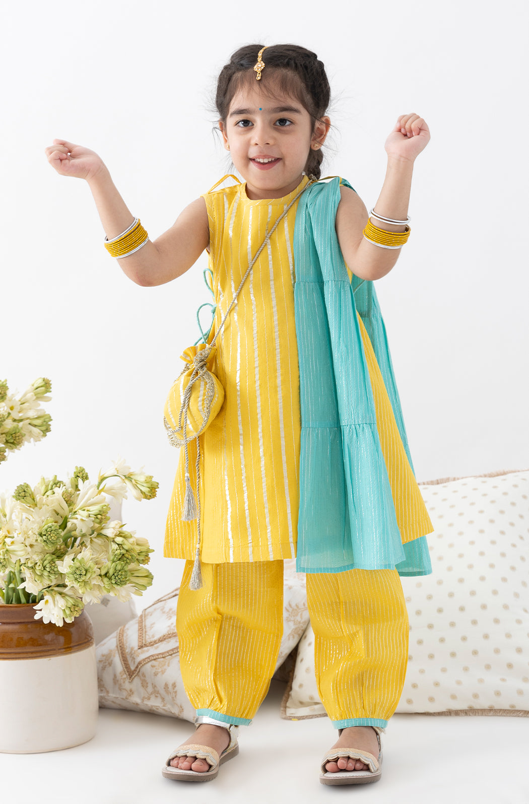 Tiber Taber Baby Girls Printed Angrakha Kurta and Salwar Set, Yellow