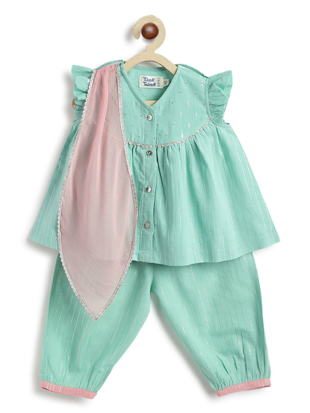 Tiber Taber Baby Girls Printed Angrakha Kurta and Salwar Set, Green