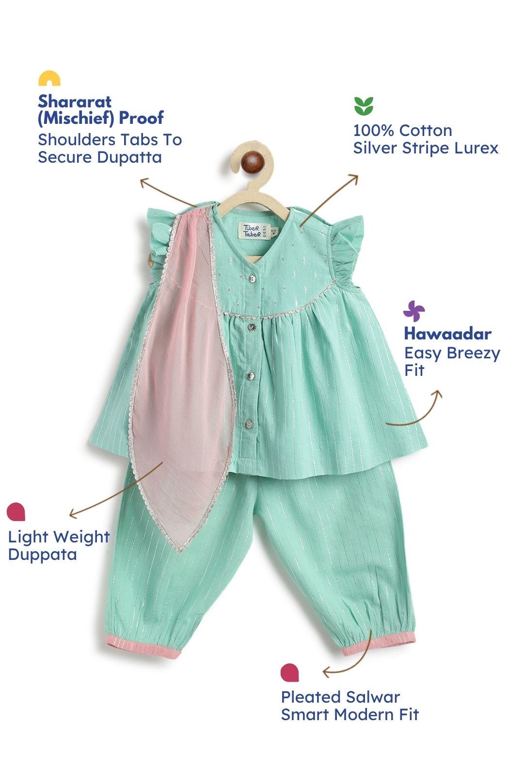 Tiber Taber Baby Girls Printed Angrakha Kurta and Salwar Set, Green