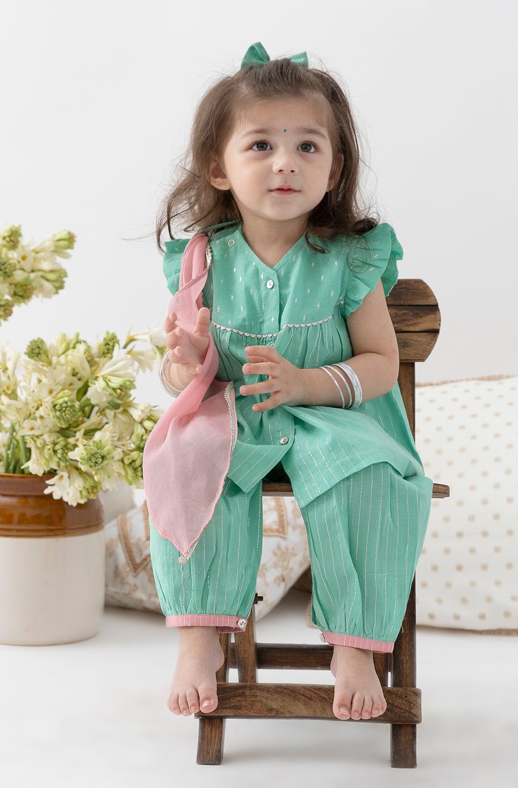 Tiber Taber Baby Girls Printed Angrakha Kurta and Salwar Set, Green