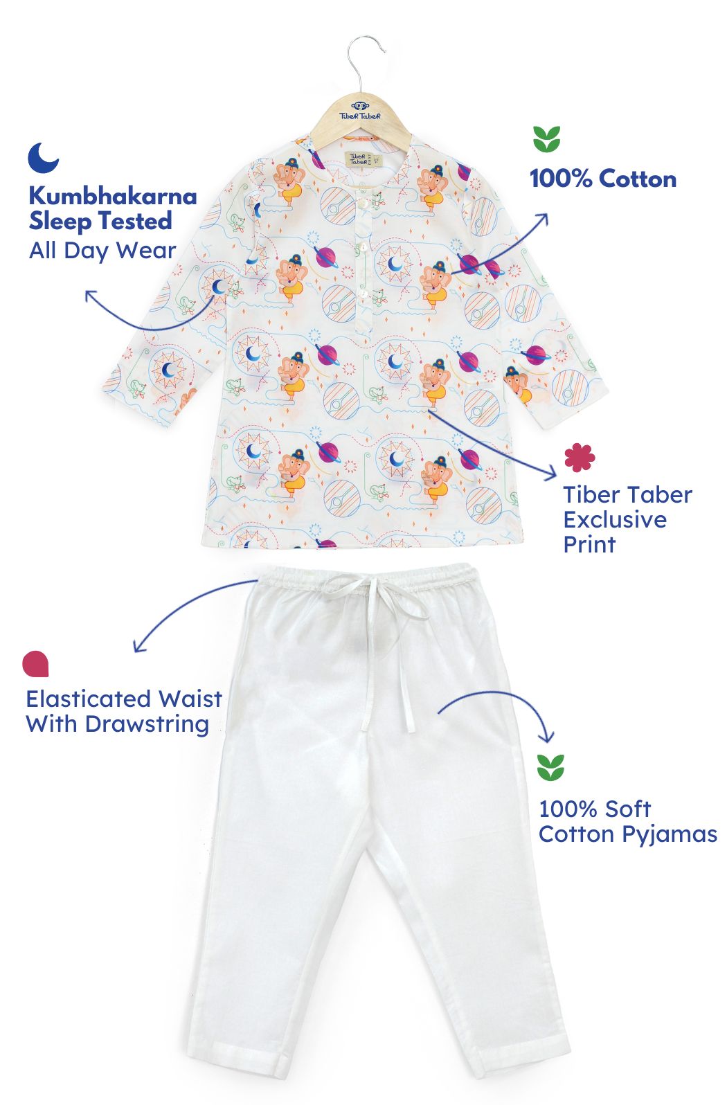 Tiber Taber Boys Printed Kurta and Pyjama Set, White