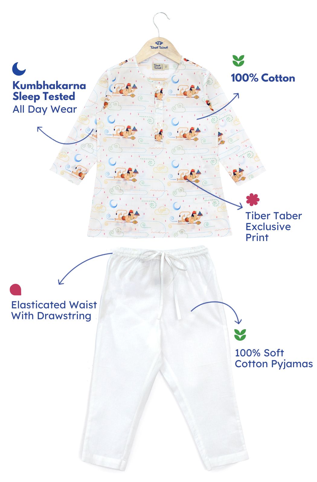 Tiber Taber Boys Printed Kurta and Pyjama Set, White
