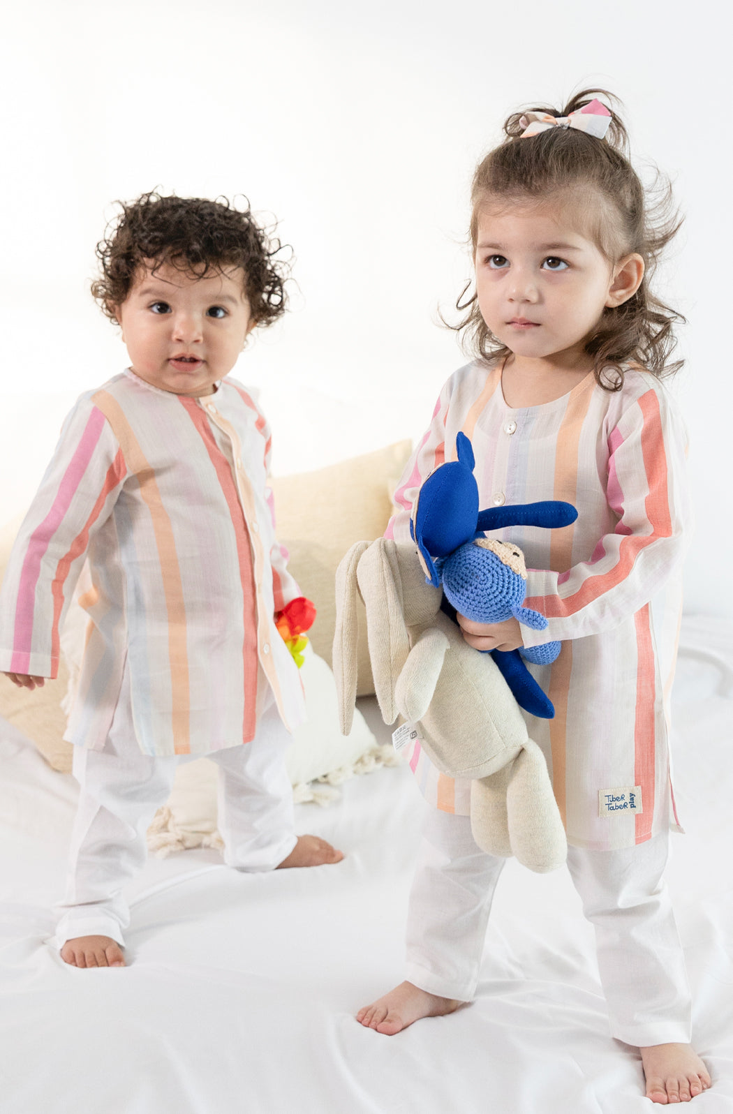 Tiber Taber Baby Boys Striped Kurta and Solid Pyjama Pack of 2, Peach, Yellow, Blue and White
