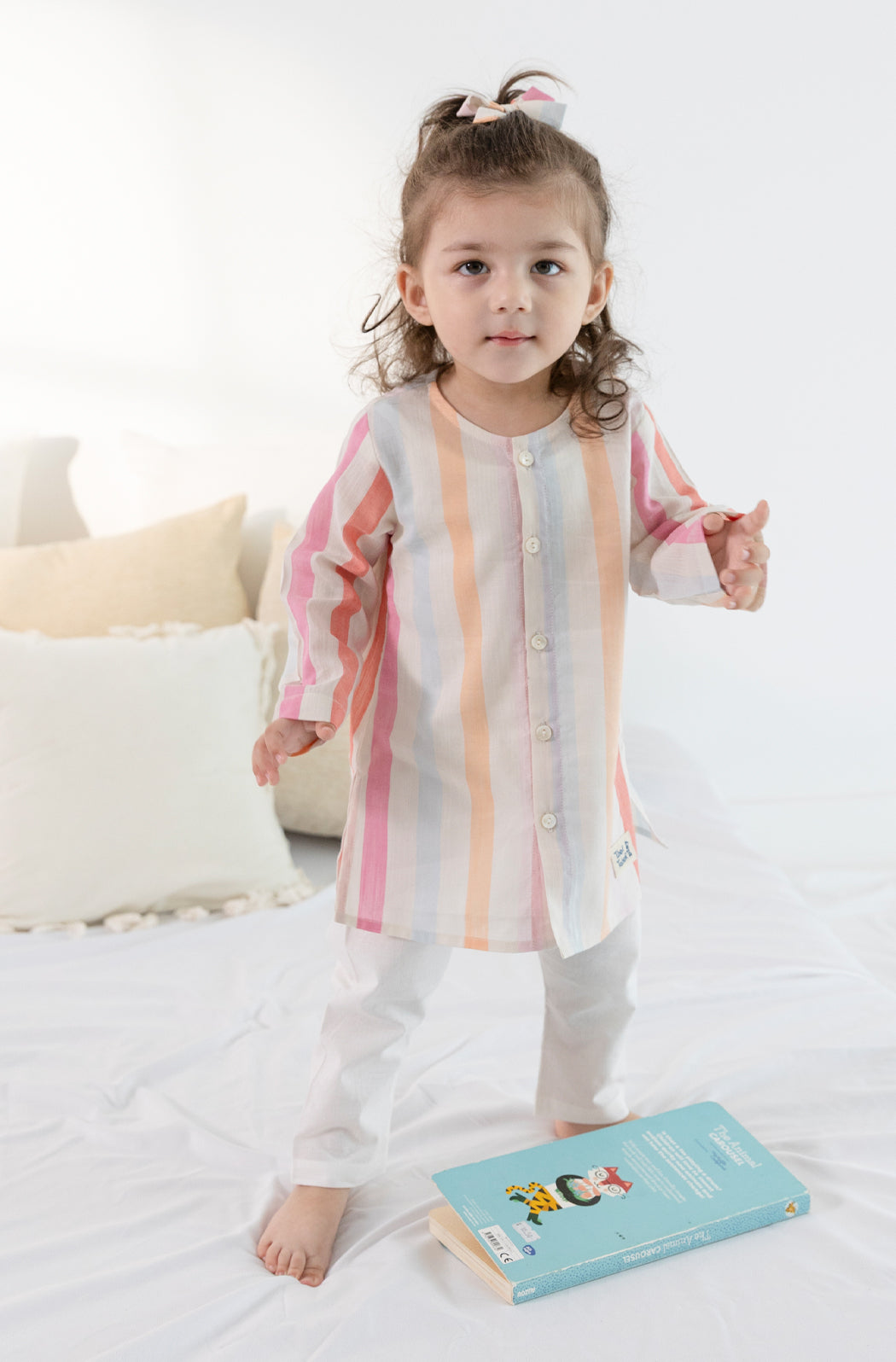 Tiber Taber Baby Boys Striped Kurta and Solid Pyjama Pack of 2, Peach, Yellow, Blue and White