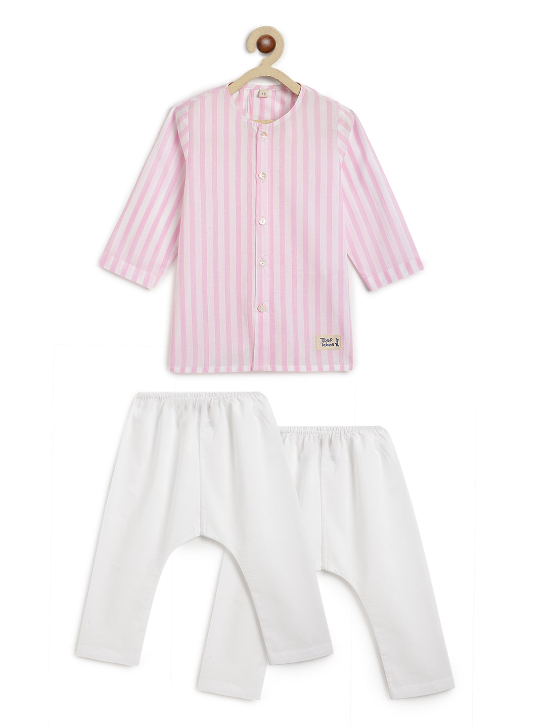 Tiber Taber Baby Girls Striped Kurta and Solid Salwar Set, Pink and White