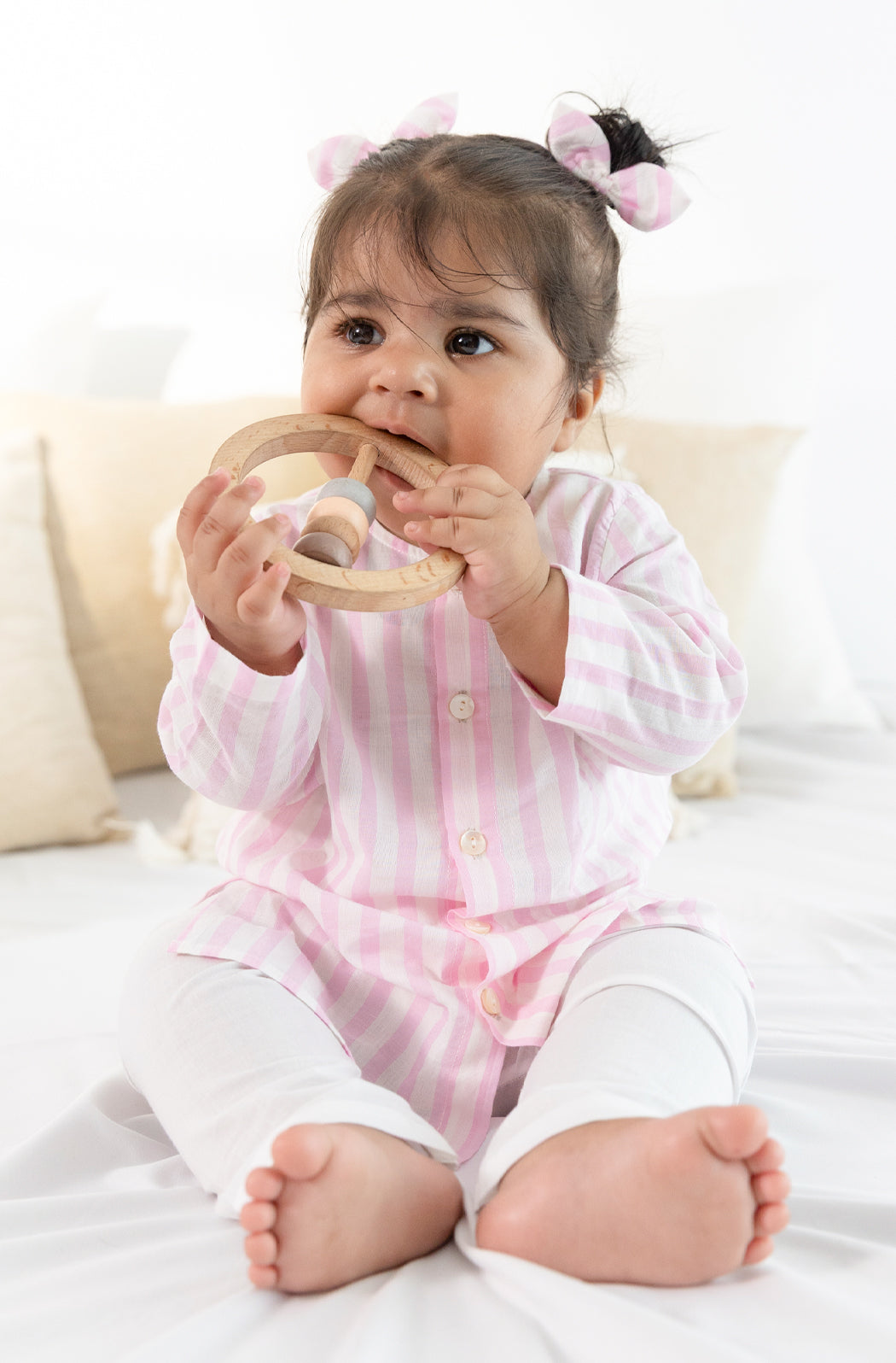 Tiber Taber Baby Girls Striped Kurta and Solid Salwar Set, Pink and White