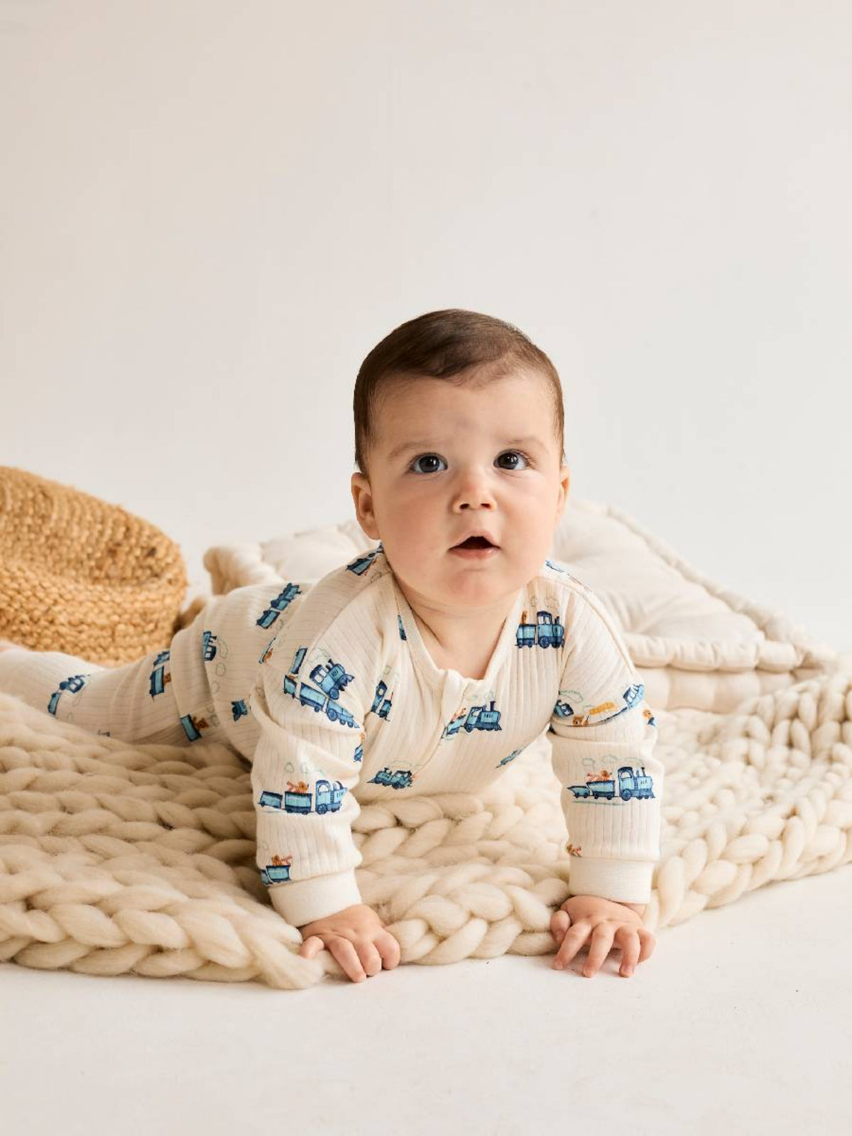 Baby Boys Train Printed Romper, White
