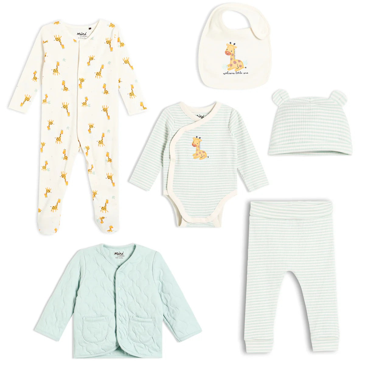 Unisex 6-Piece Giraffe Print Newborn Gift Set – Mint & White