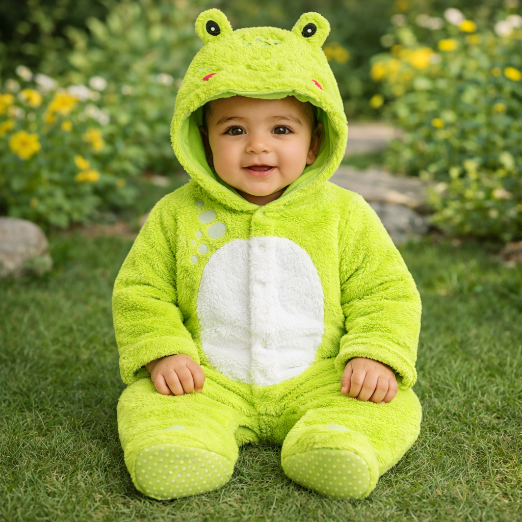 Baby Unisex Plush Frog Hooded Animal Sleepsuit – Green - Lime Green