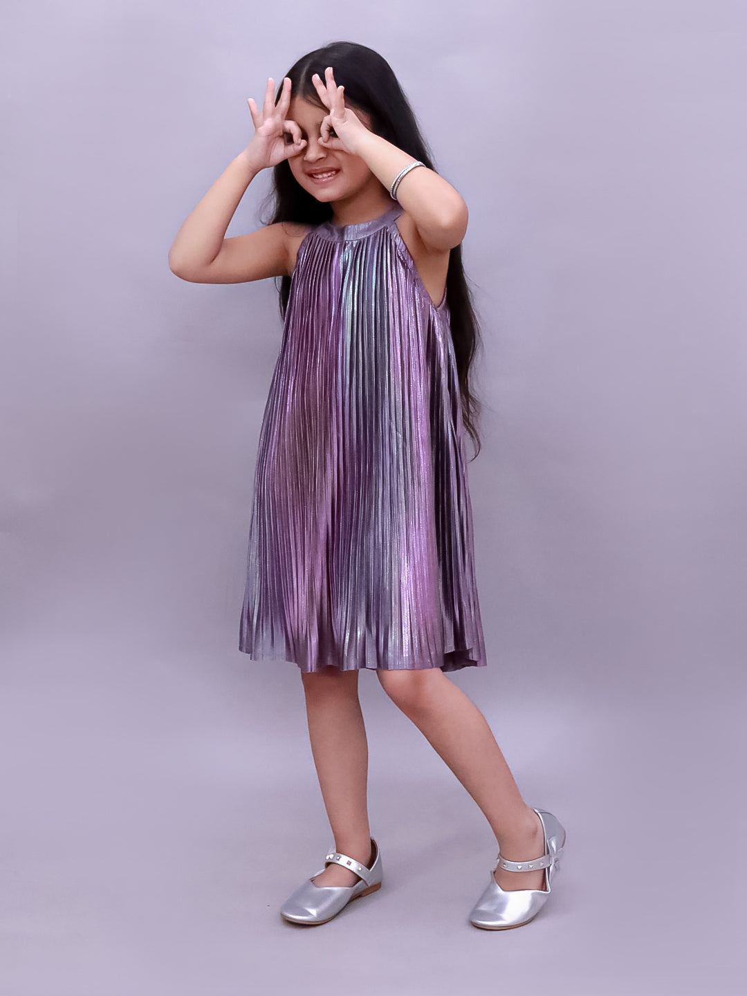 Lil Drama Girls Metallic Pleated Sleeveless Dress, Purple
