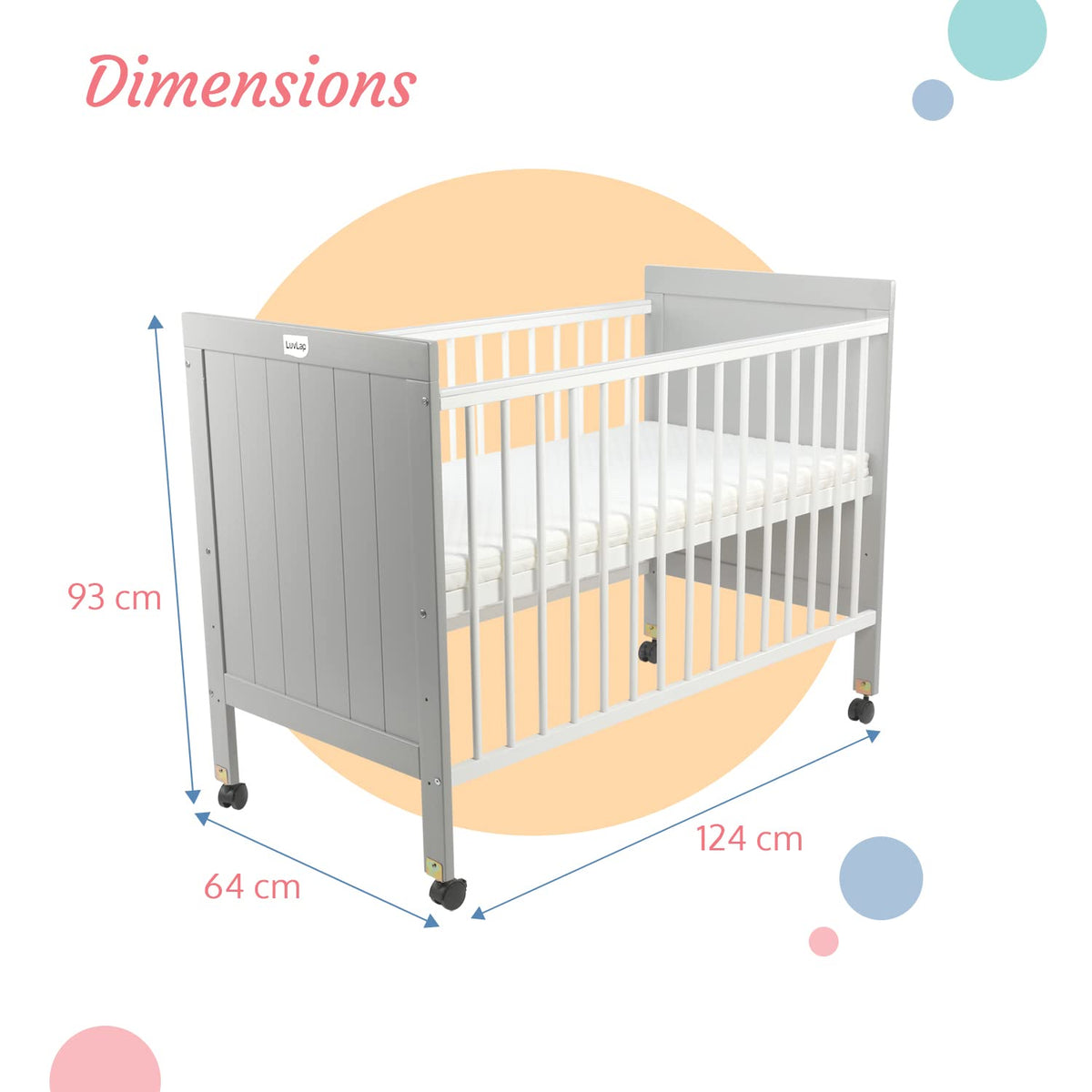 LuvLap Grey and White Wooden Baby Cot with Adjustable Base