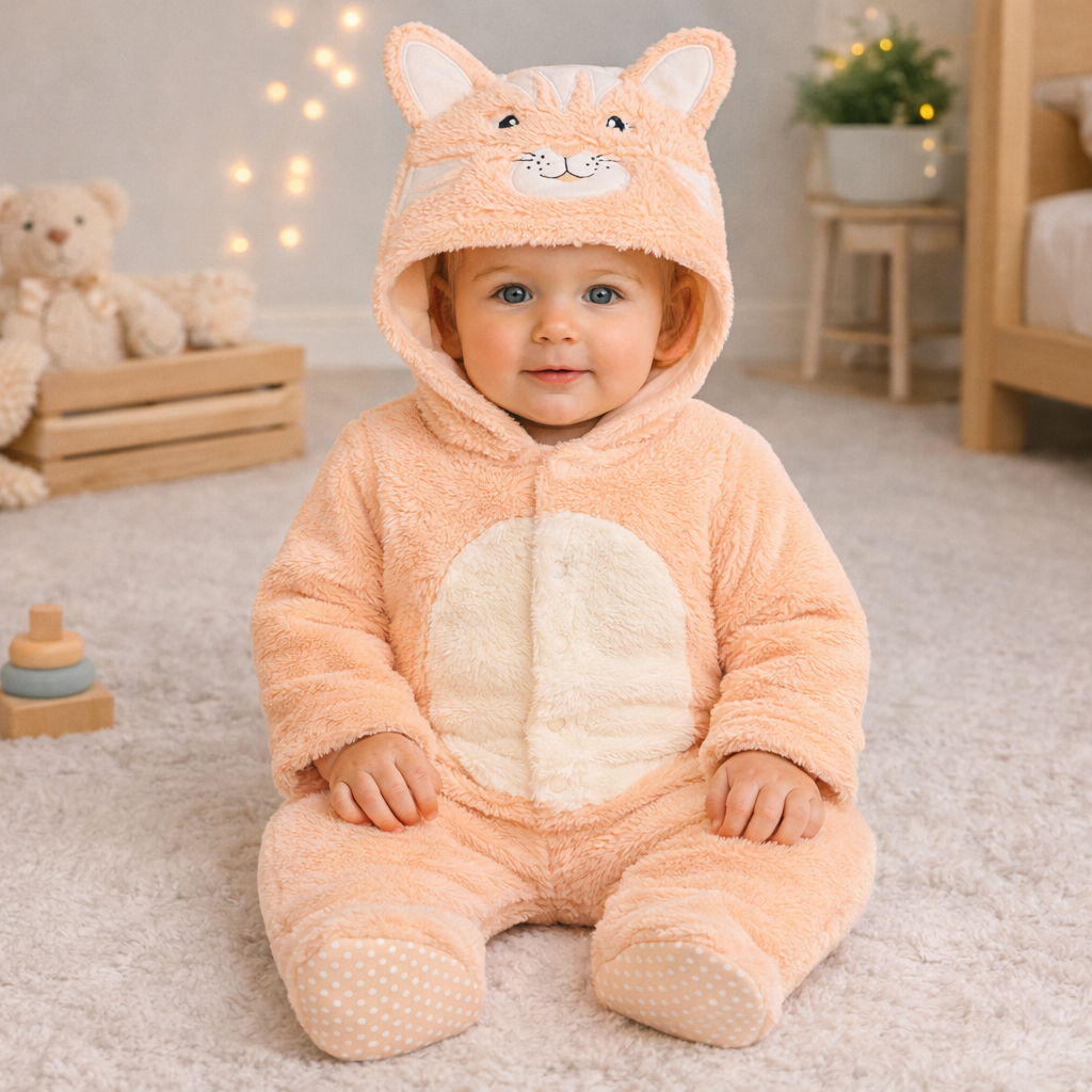 Baby Unisex Plush Cat Hooded Animal Sleepsuit – Peach