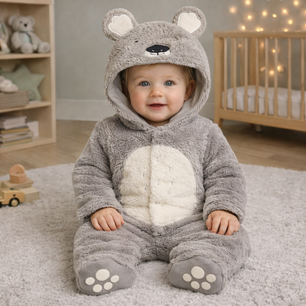 Baby Unisex Plush Koala Hooded Animal Sleepsuit – Grey & White
