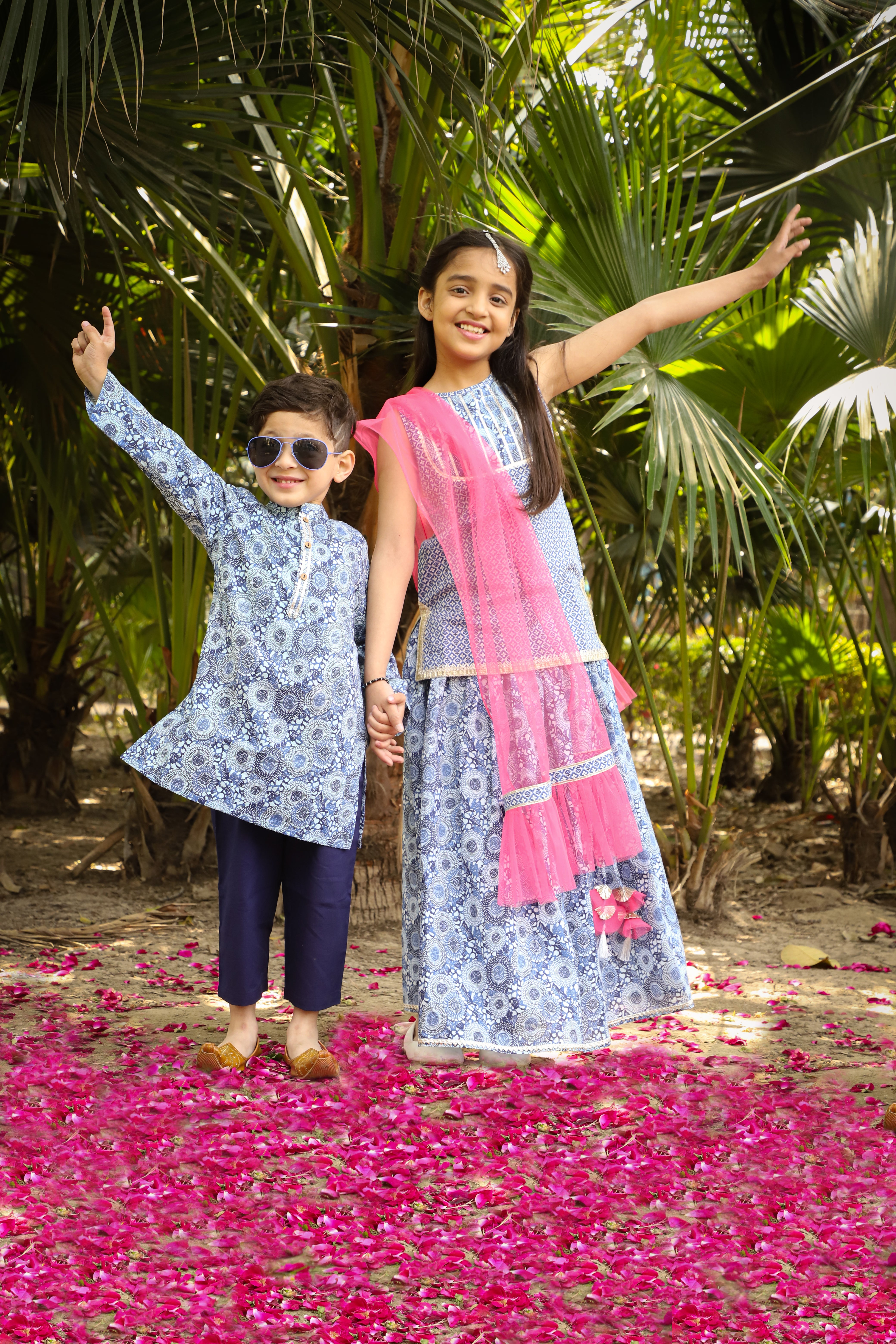 Lil Drama Boys Geometric Print Kurta With Pajama Set, Blue And White
