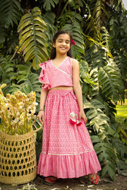 Lil Drama Girls Printed One Shoulder Crop Top With Flared Skirt Set, Pink