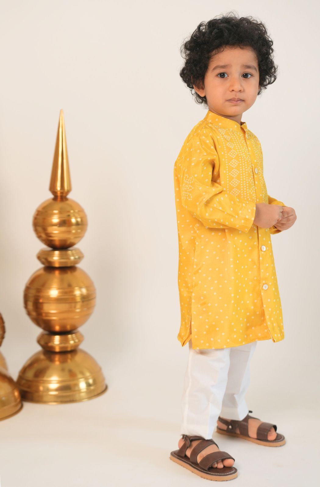 Tiber Taber Baby Boys Yellow and White Cotton Bandhani Printed Kurta Pyjama Set Pack of 2 Regular Fit Festive Wear