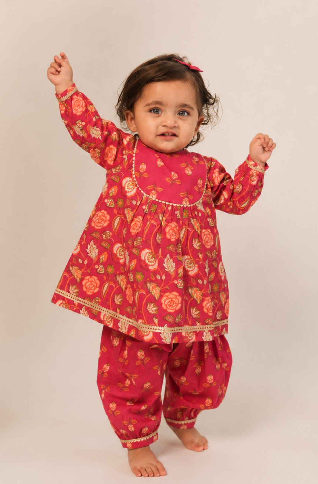 Tiber Taber Baby Girls Pink Cotton Floral Printed Kurta and Dhoti Pant Set Regular Fit Festive Wear