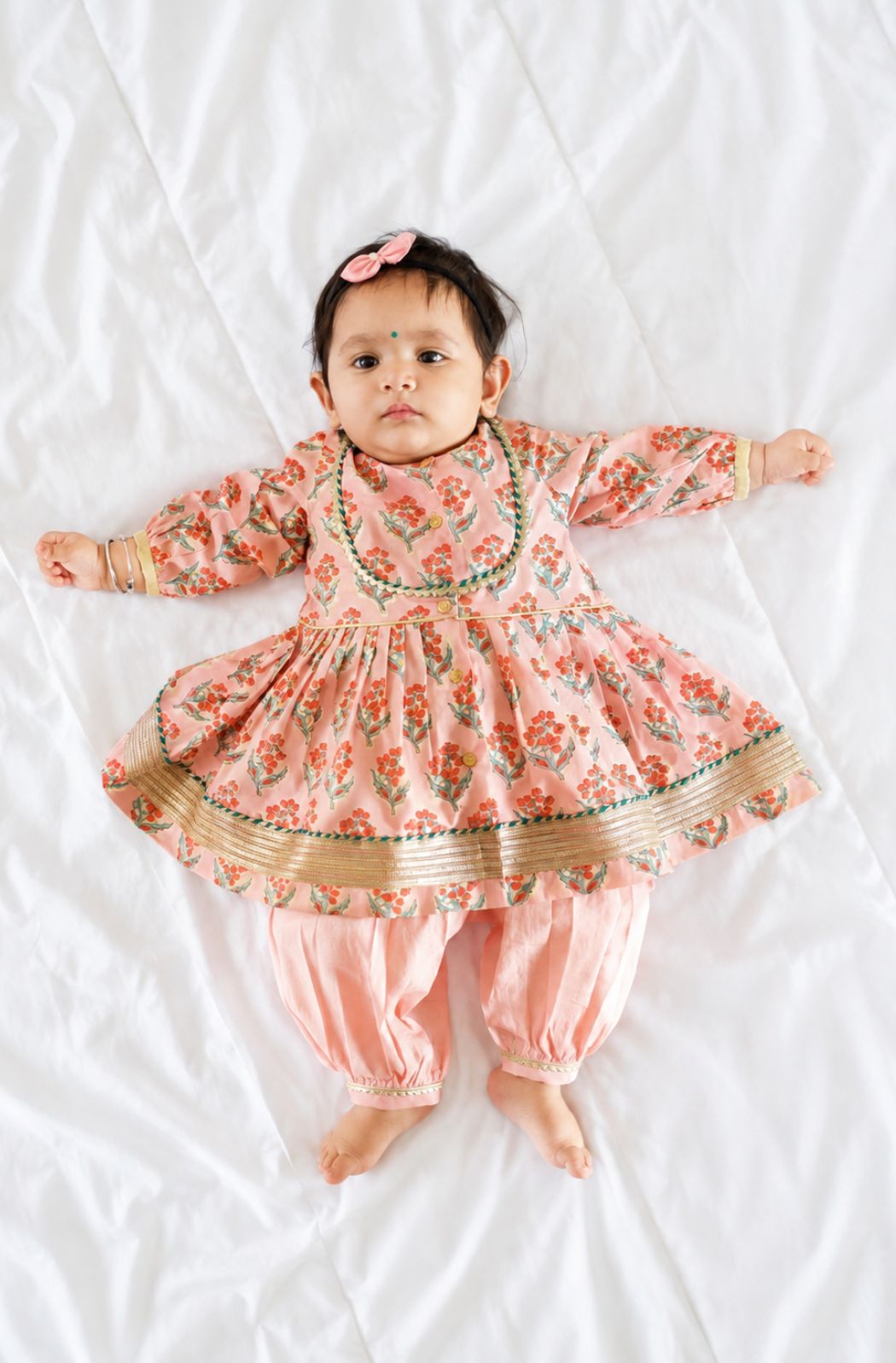 Tiber Taber Baby Girls Peach Cotton Floral Printed Kurta and Harem Pant Set Regular Fit Festive Wear
