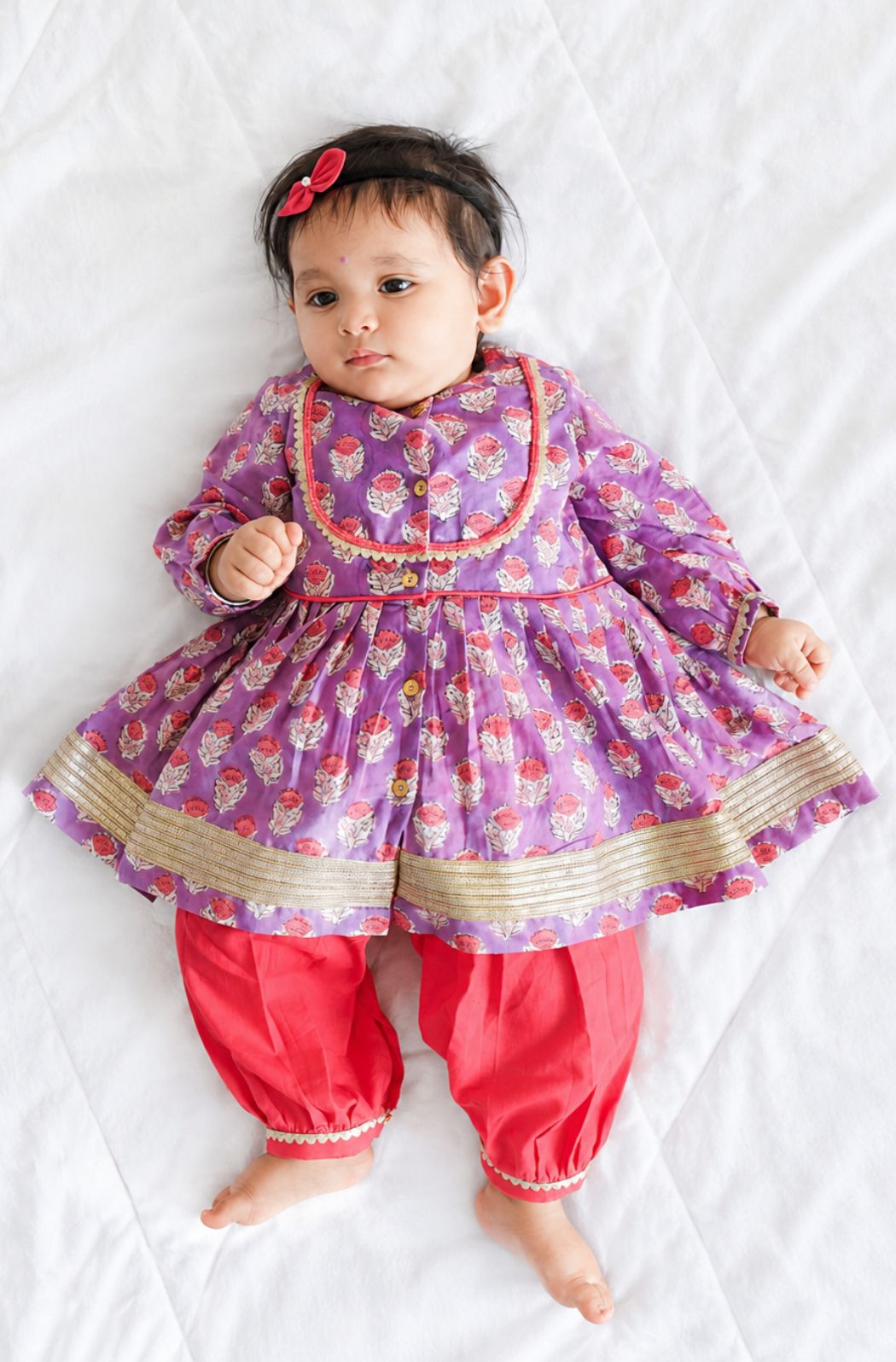 Tiber Taber Baby Girls Purple and Pink Cotton Floral Printed Kurta and Harem Pant Set Regular Fit Festive Wear