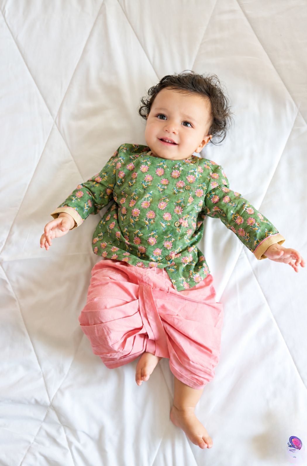Tiber Taber Baby Boys Green and Pink Cotton Floral Printed Kurta and Dhoti Pant Set Regular Fit Festive Wear