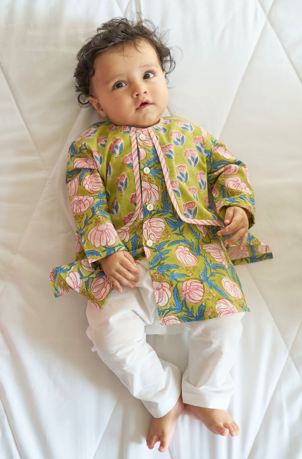 Tiber Taber Baby Boys Green and White Cotton Floral Printed Kurta Jacket and Pant Set Regular Fit Festive Wear