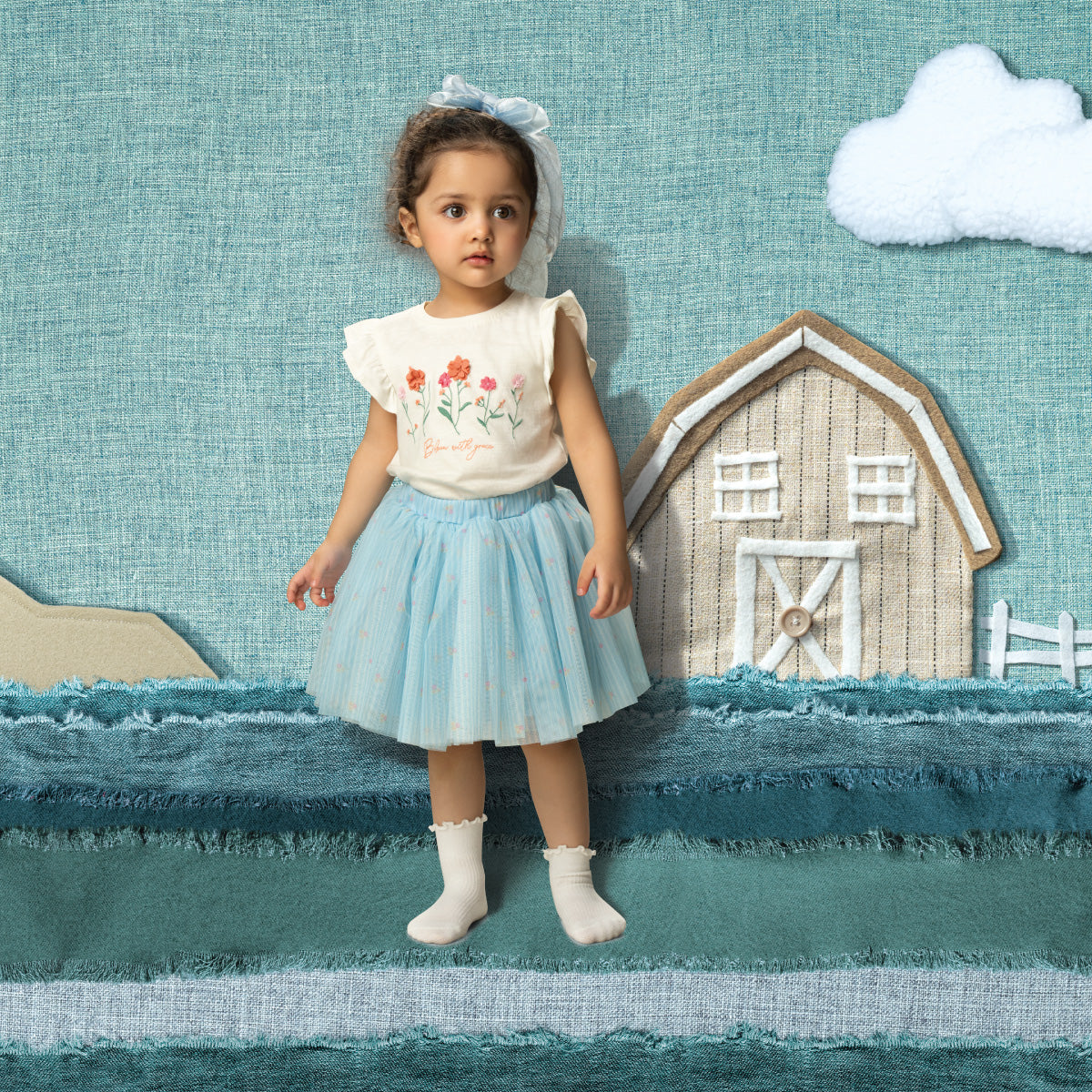 Baby Girls Floral Embroidered Top and Skirt, Cream and Light Blue