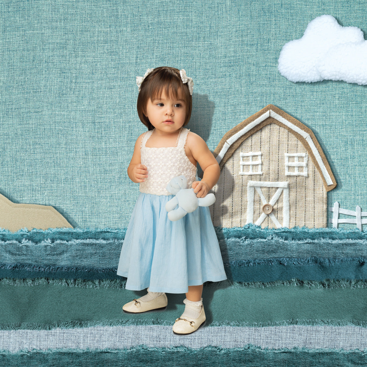 Girls Lace Yoke Fit and Flare Dress with Cross Back Straps, Blue