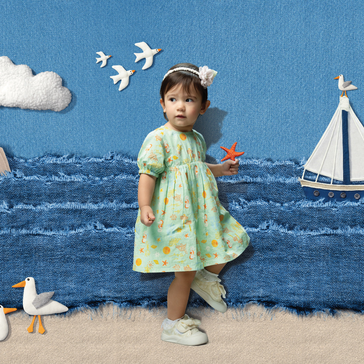 Baby Girls Sea-Life Inspired Printed Dress – Mint Green