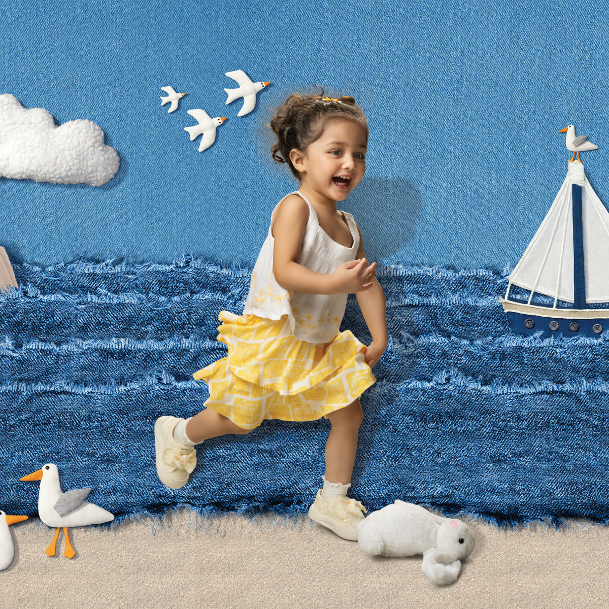 Baby Girls Printed Top And Skirt Set, White And Yellow